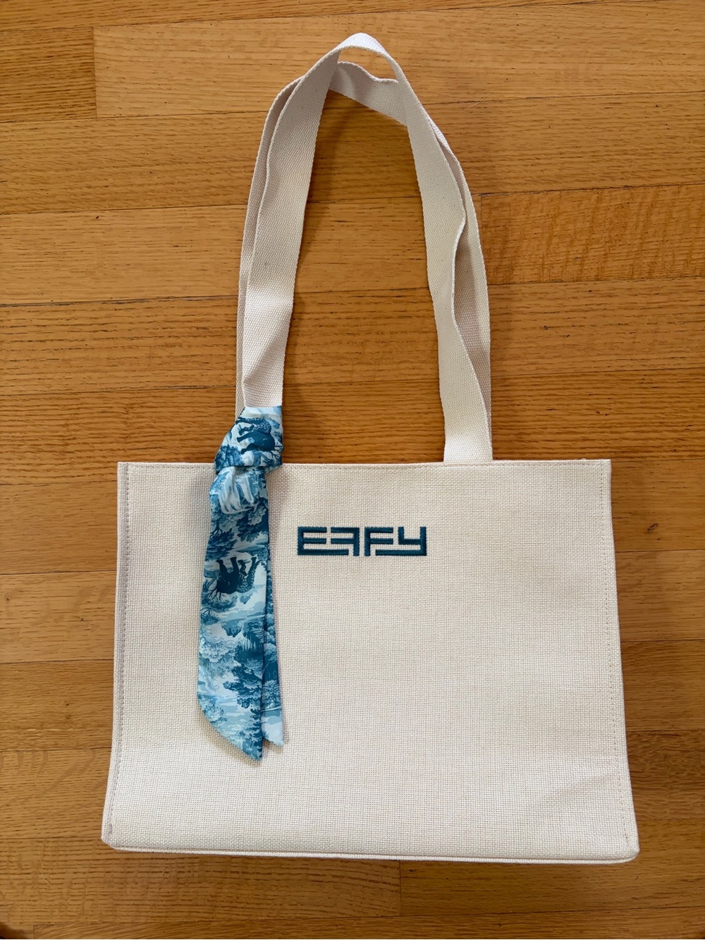 Effy Cream Canvas Tote with zipper and patterned lining with Blue Accent Scarf